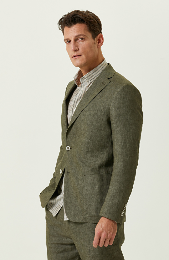 Haki Keten Blazer Ceket