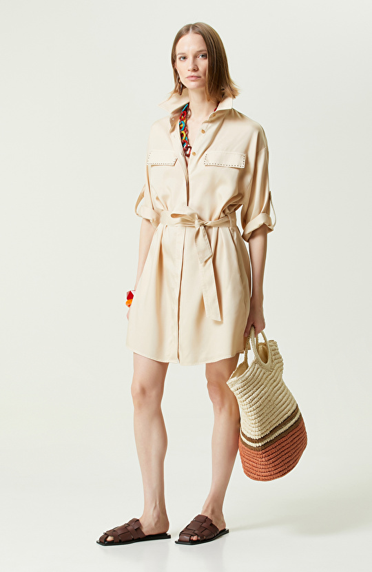 Bej Kısa Kollu Denim Elbise