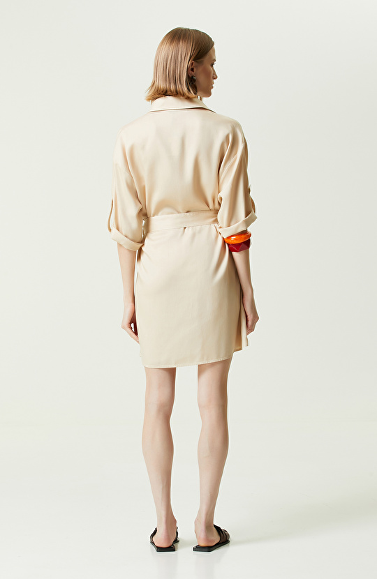 Bej Kısa Kollu Denim Elbise