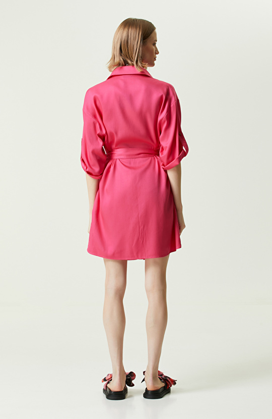 Pembe Kısa Kollu Denim Elbise