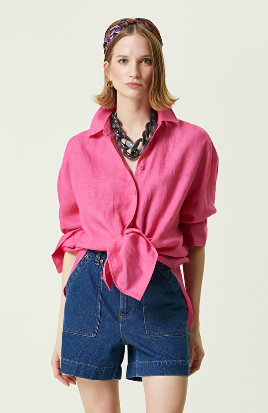Fuşya Keten Gömlek