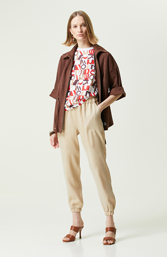 Bej Yüksek Bel Dar Paça Pantolon