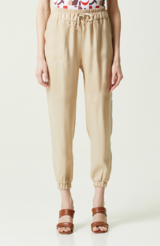 Bej Yüksek Bel Dar Paça Pantolon