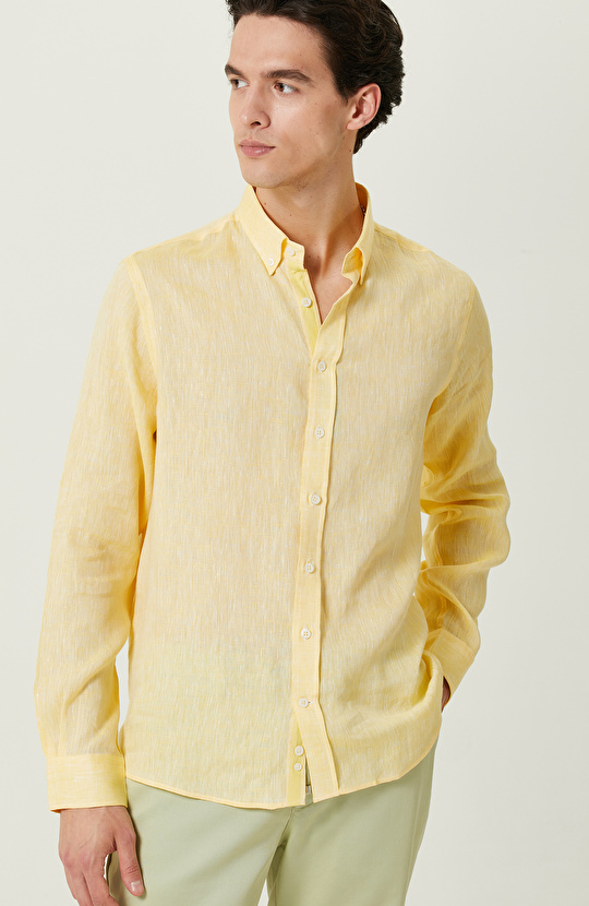 Sarı Uzun Kollu Keten Gömlek