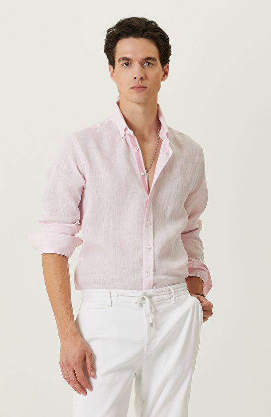 Pembe Uzun Kollu Keten Gömlek