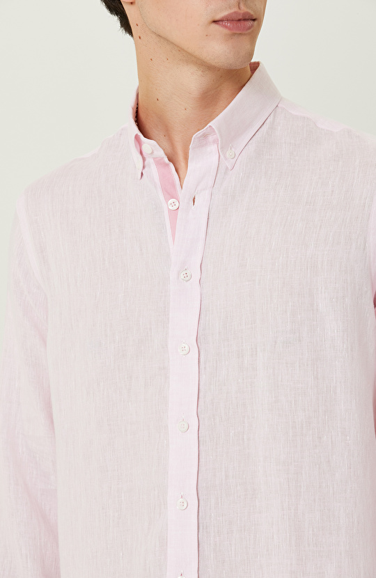 Pembe Uzun Kollu Keten Gömlek