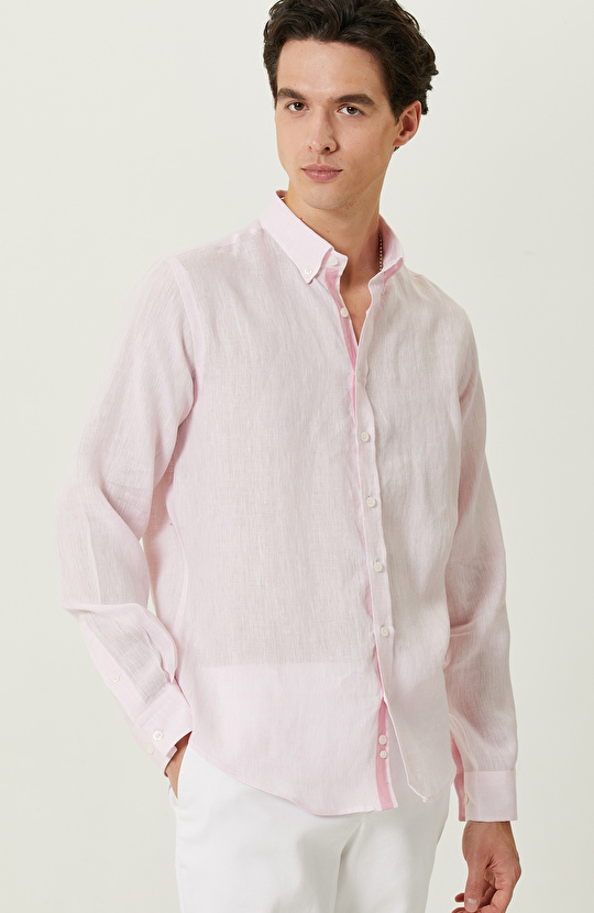 Pembe Uzun Kollu Keten Gömlek