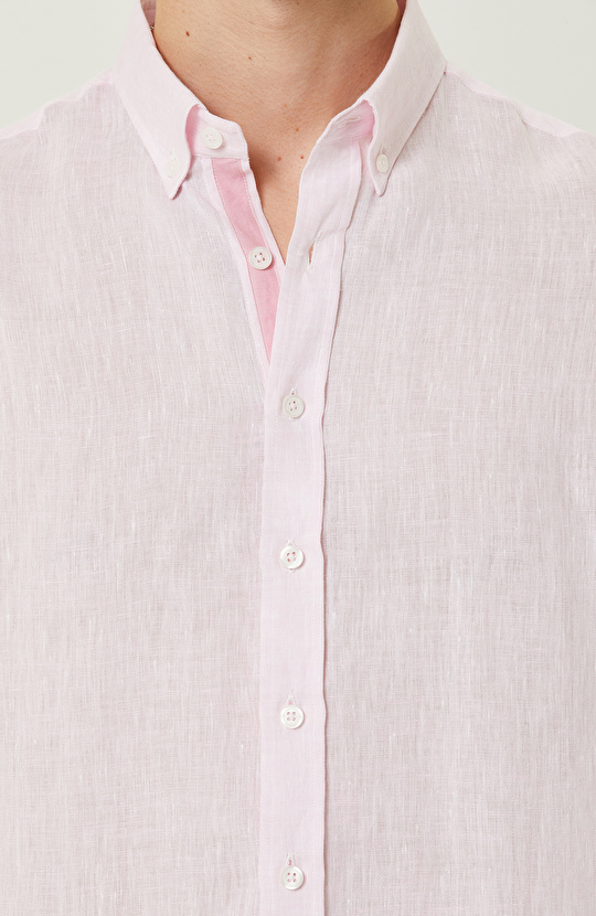 Pembe Uzun Kollu Keten Gömlek