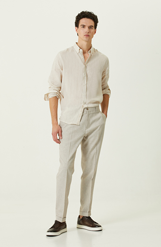 Bej Uzun Kollu Keten Gömlek