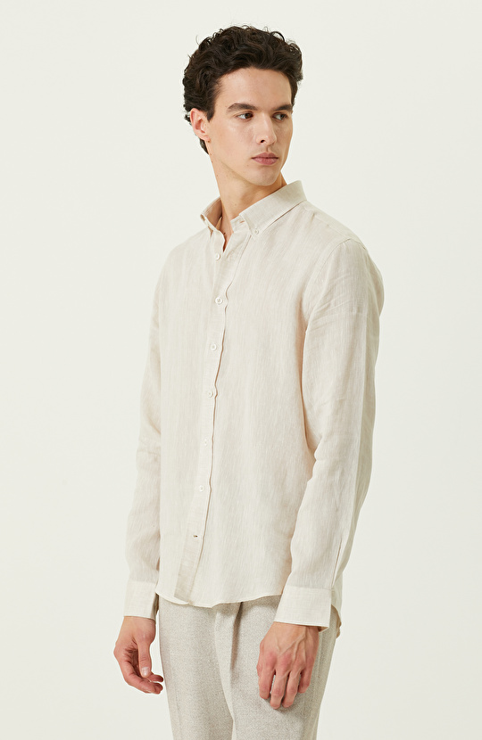 Bej Uzun Kollu Keten Gömlek