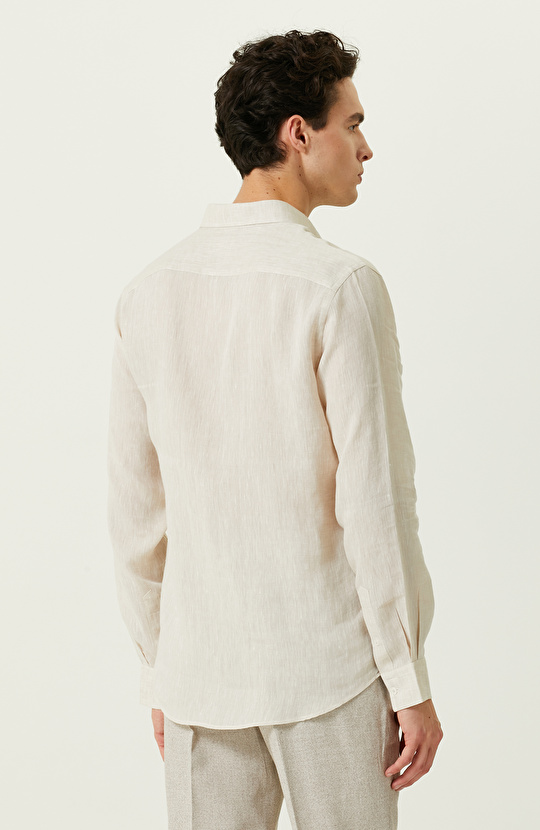 Bej Uzun Kollu Keten Gömlek