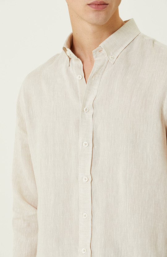 Bej Uzun Kollu Keten Gömlek