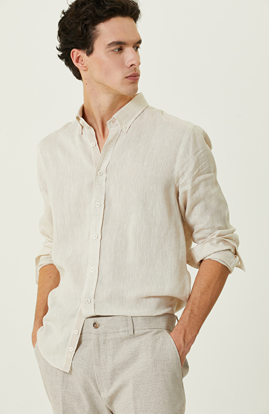 Bej Uzun Kollu Keten Gömlek