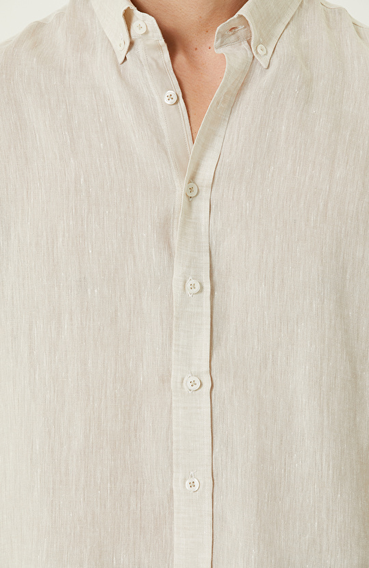 Bej Uzun Kollu Keten Gömlek