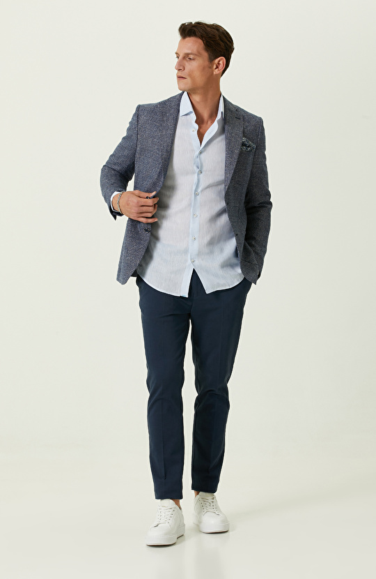 Açık Mavi Uzun Kollu Keten Gömlek