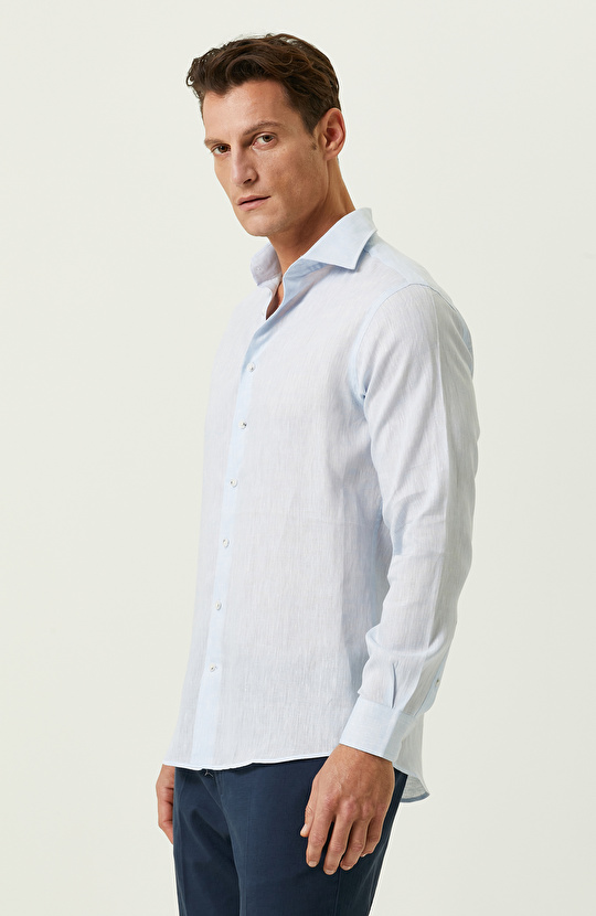 Açık Mavi Uzun Kollu Keten Gömlek