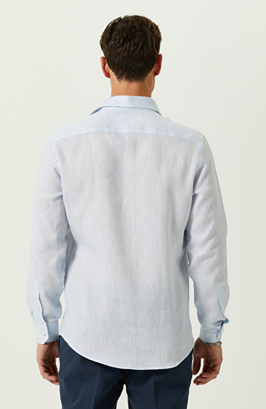 Açık Mavi Uzun Kollu Keten Gömlek