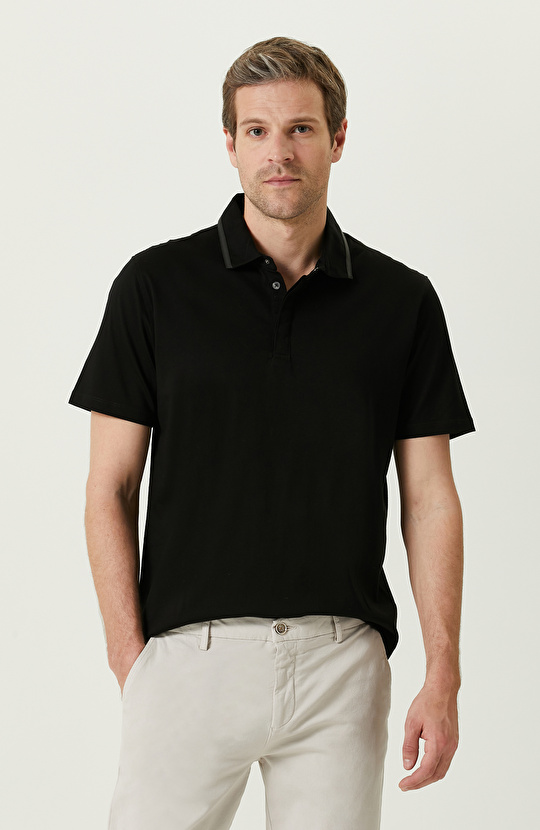 Siyah Penye Polo Yaka Kısa Kollu T-Shirt
