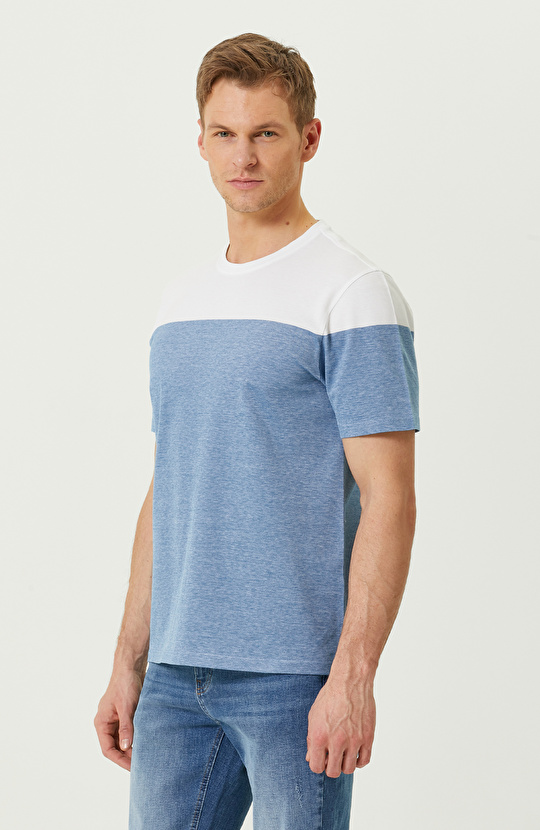 Turkuaz Beyaz Kısa Kollu Bisiklet Yaka T-shirt