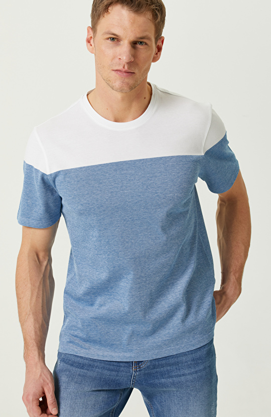 Turkuaz Beyaz Kısa Kollu Bisiklet Yaka T-shirt