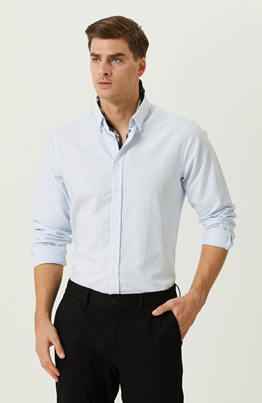 Mavi-Beyaz Çizgili Uzun Kollu Gömlek