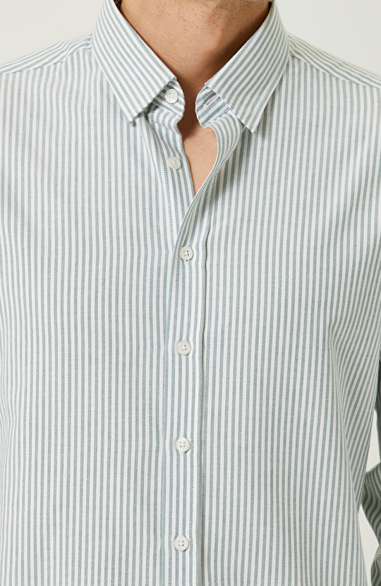 Yeşil-Beyaz Çizgili Uzun Kollu Gömlek