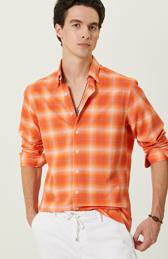 Turuncu Ekose Uzun Kollu Gömlek