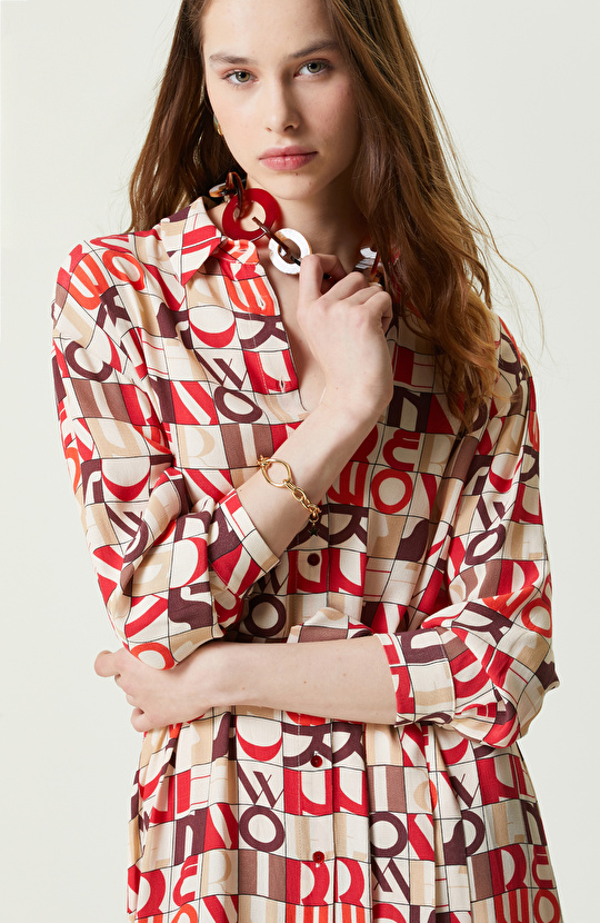 Krem Uzun Kollu Yandan Yırtmaçlı Gömlek Elbise