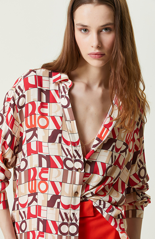 Krem Uzun Kollu Desenli Gömlek