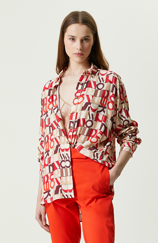 Krem Uzun Kollu Desenli Gömlek