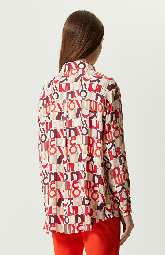 Krem Uzun Kollu Desenli Gömlek