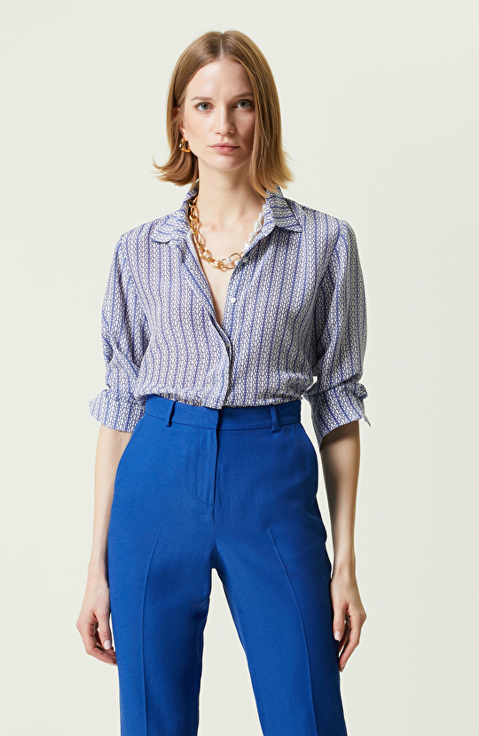 Limited Beyaz Saks Mavisi Uzun Kollu İpek Gömlek