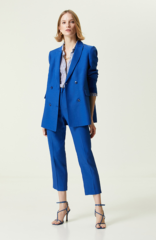 Limited Beyaz Saks Mavisi Uzun Kollu İpek Gömlek