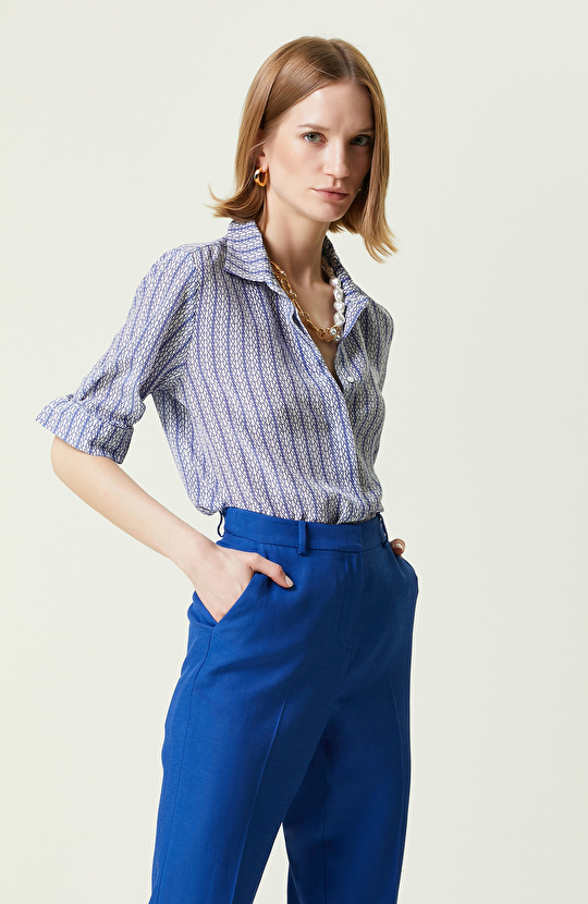 Limited Beyaz Saks Mavisi Uzun Kollu İpek Gömlek