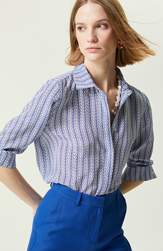 Limited Beyaz Saks Mavisi Uzun Kollu İpek Gömlek