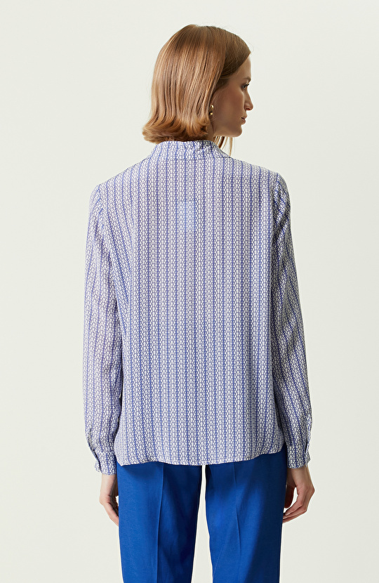 Limited Beyaz Saks Mavisi Uzun Kollu İpek Gömlek