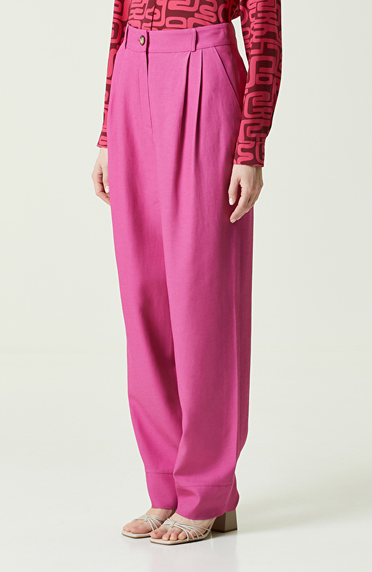 Fuşya Yüksek Bel Bol Paça Pantolon