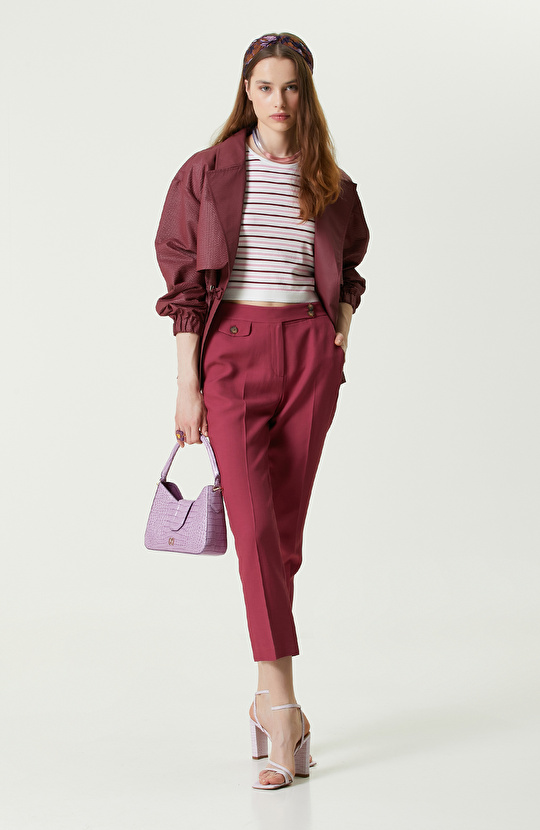Vişne Rengi Yüksek Bel Dar Paça Pantolon