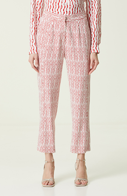 Beyaz Kırmızı Desenli Yüksek Bel Pantolon