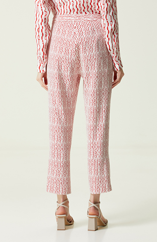 Beyaz Kırmızı Desenli Yüksek Bel Pantolon