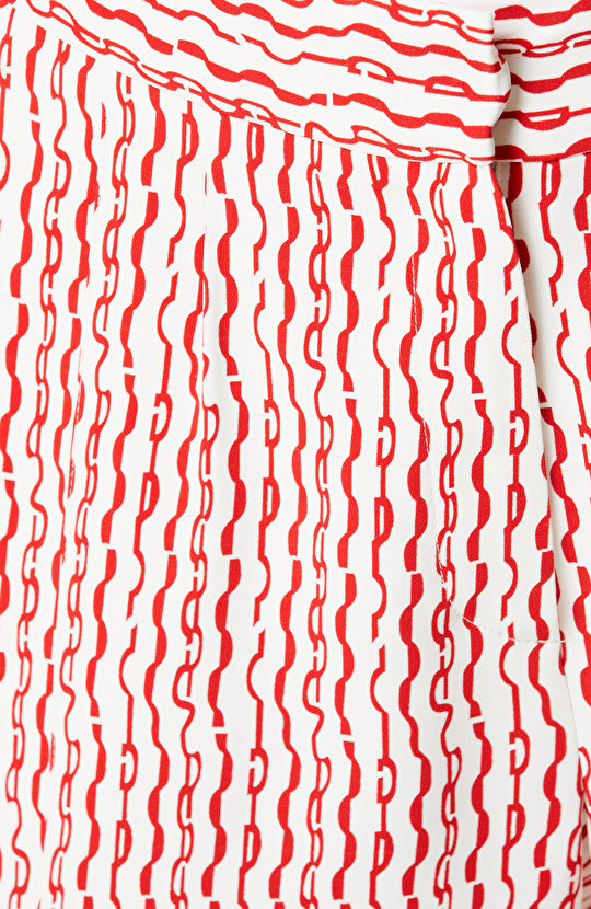 Beyaz Kırmızı Desenli Yüksek Bel Pantolon