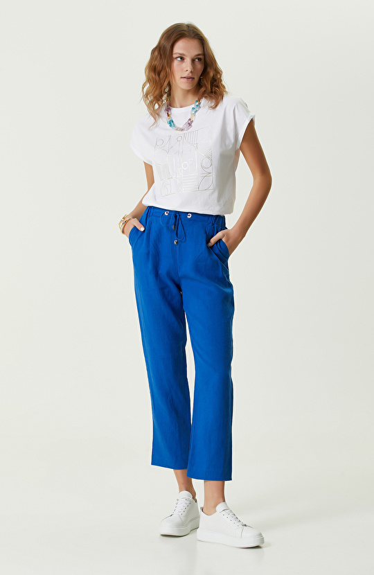 Saks Mavisi Beli Büzgülü Keten Pantolon