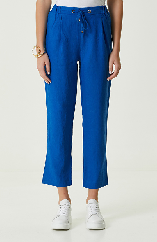 Saks Mavisi Beli Büzgülü Keten Pantolon