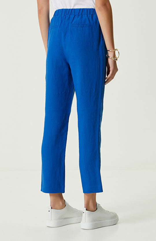 Saks Mavisi Beli Büzgülü Keten Pantolon