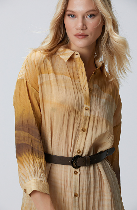 Camel Uzun Kollu Gömlek Elbise