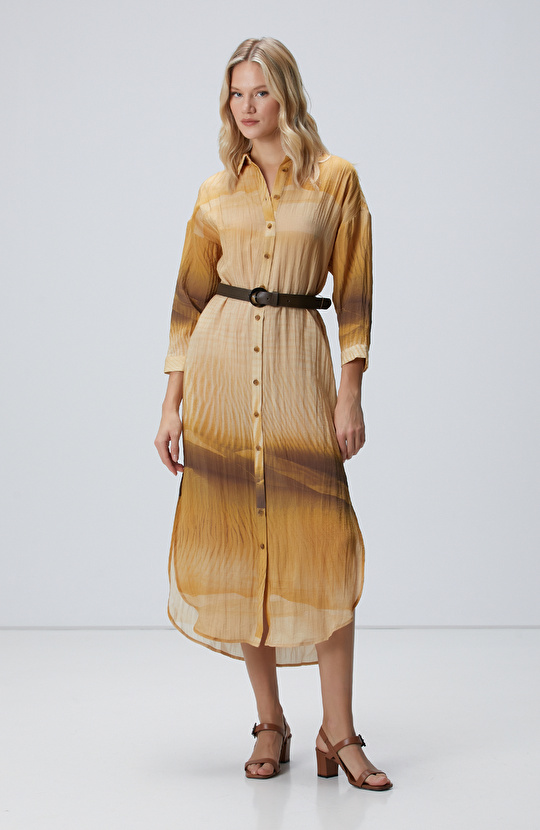 Camel Uzun Kollu Gömlek Elbise