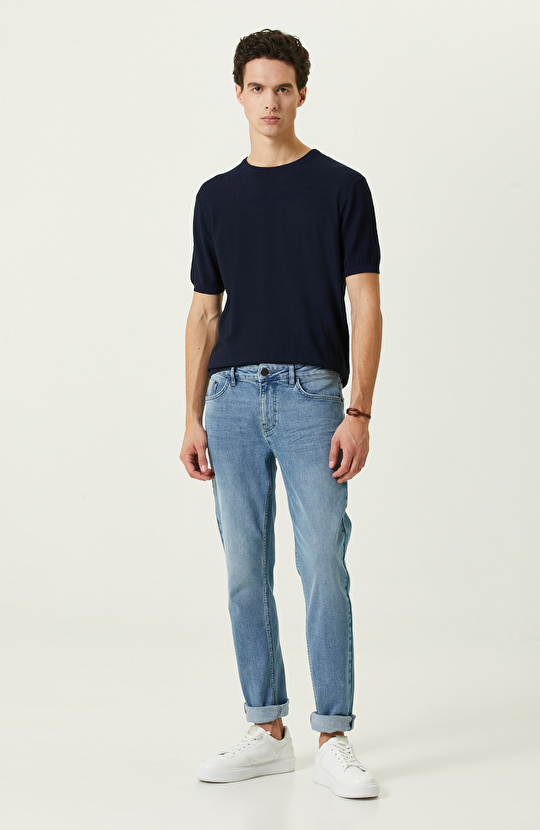 Lacivert Bisiklet Yaka Kısa Kollu Triko Kazak