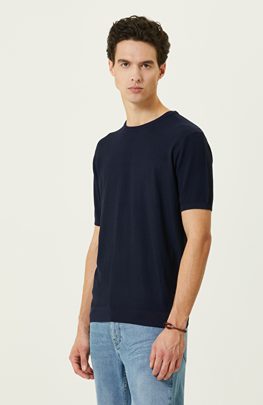 Lacivert Bisiklet Yaka Kısa Kollu Triko Kazak