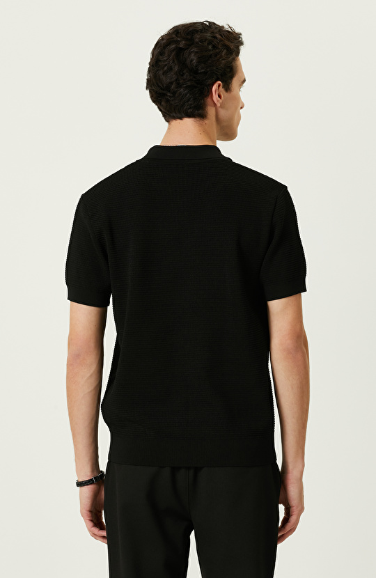 Siyah Polo Yaka Kısa Kollu Triko Kazak