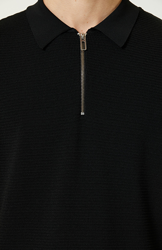 Siyah Polo Yaka Kısa Kollu Triko Kazak
